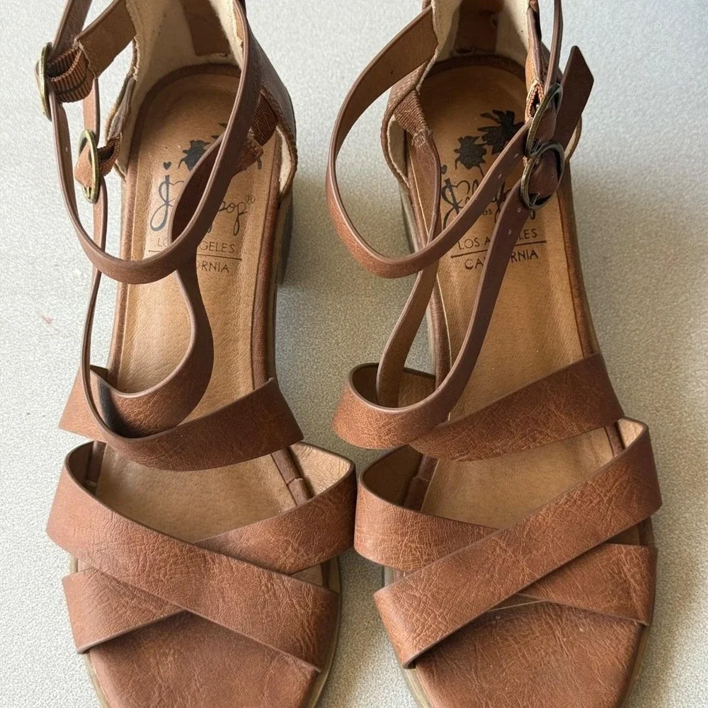 Jellypop Brown Strappy Block Heel Sandals, Multi-Strap, Dual Ankle Buckles W 7M
